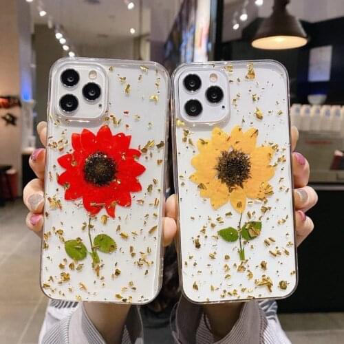 Gimfun Luxury Bling Gold Foil Flower Phone Case for iPhone 12 11 Pro X XR Xsmax 8 7 Plus Glitter Clear Sunflower Soft TPU Cover
