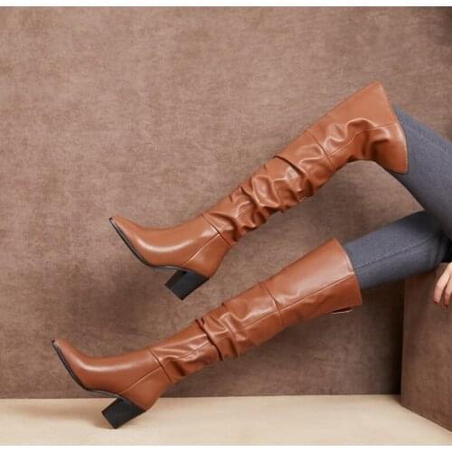 2019 Camel Slouch Long Boots Chunky Heel Pointed Toe Top Seperated Leather Winter Boots High Heel Slip On Thigh High Shoees