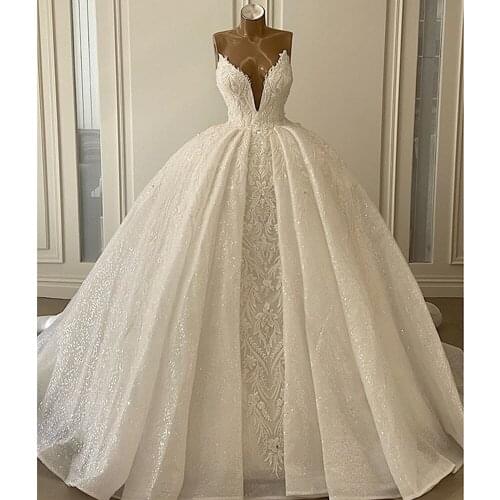 Sexy Deep V Neck Ball Gown Wedding Dress 2021 Romantic Beads Pearls Lace Up Back Wedding Bridal Gowns Vestido De Noiva