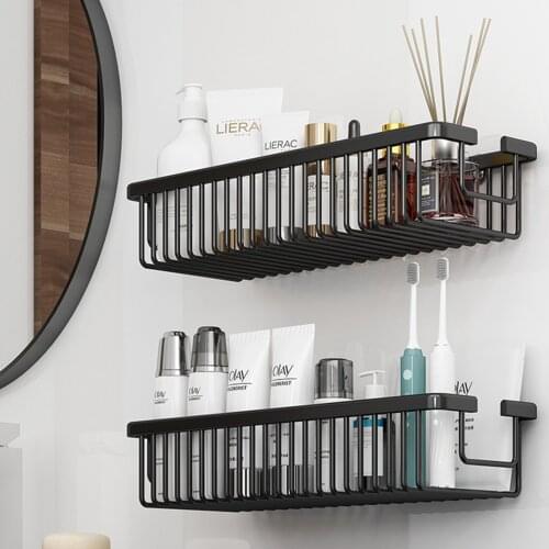Shower Rack Storage Box Sticky Black Bathroom Basket Rack With Hooks Non-Drilled Wall-Mounted Shower Storage Accessories