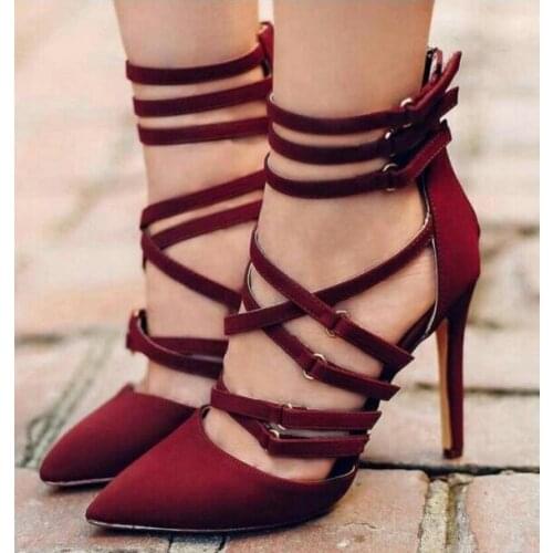 Sexy Red Pumps Women Shoes Pointed Toe Cross Strap Cut-out Stretch Fabric Wedding Shoes Bride Plus Size 12 High Heels Pumps 12cm