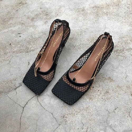 Fashion mesh shallow mouth chain high heels fashion banquet hollow fine heel womens shoes summer new sandals