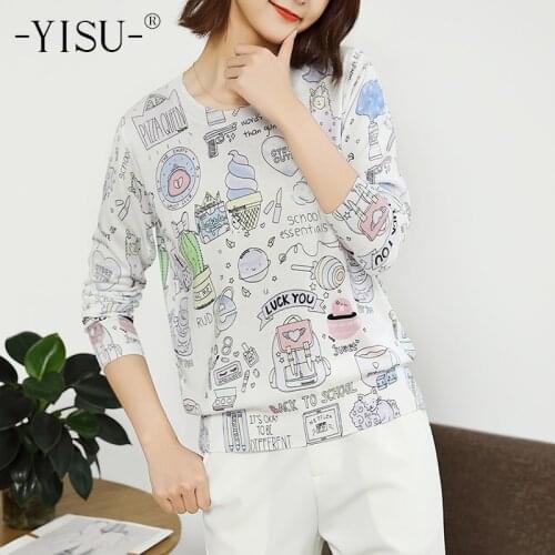 YISU Knitted Sweater Women cartoon pictures Printed sweater Tops Autumn Winter O- neck Long sleeve Thin Women Sweaters