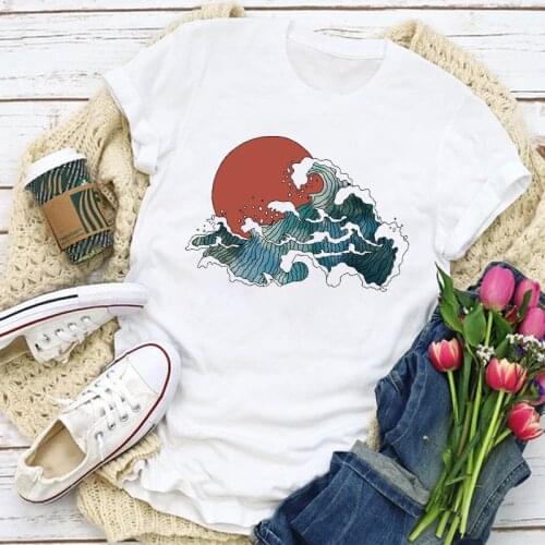Women Graphic Wave Beach 90s Printed Cute Fashion Print Summer T-Shirt Tops Lady Womens Clothing Clothes Tee Female T Shirt