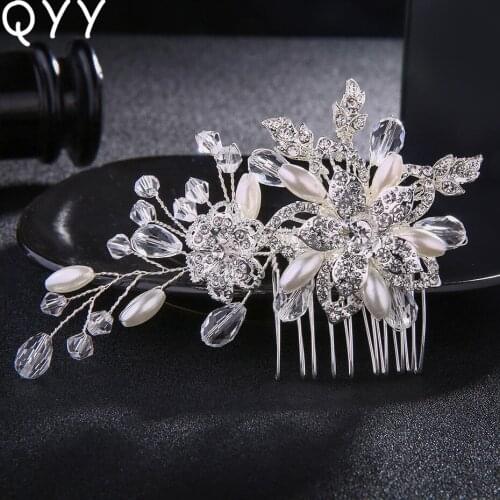 QYY Crystal Flower Bridal Hair Comb Silver Color Pearl Hairpins Jewelry Wedding Hair Accessory Fashion Women Hair Clips