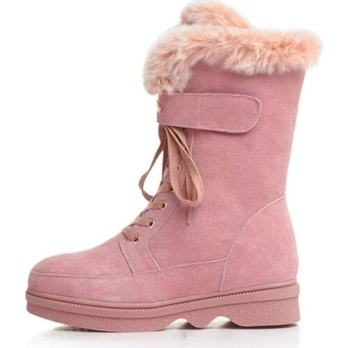 2020 New Snow Boots Women Side Zipper Lace Up Winter Fashion Warm Shoes Female Round Toe Hidden Heel Fleece Lining Footwear Pink