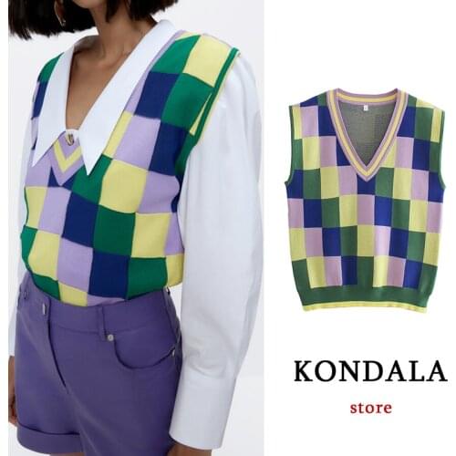 KONDALA Za 2021 Women Plaid Print V Neck Loose Vest Sweaters Elegant Knitted Sleeveless Sweaters Casual Outwear