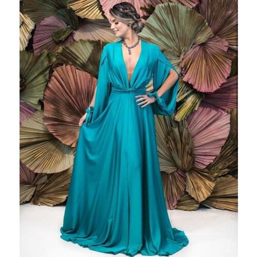 2021 Evening Dress Green Muslim Sexy V-Neck Satin A-line Court Train Floor Length Women Formal Gowns Saudi Arabic Elegant Simple