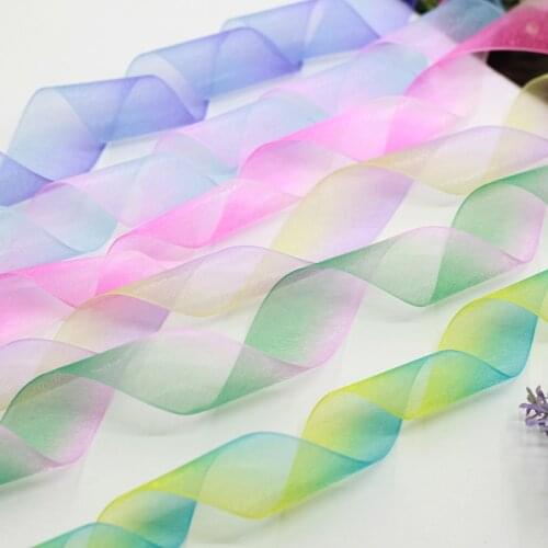 1 meter/lot) 1"(25mm) gradient colors rainbow organza ribbon tape wedding Christmas Gift packing ribbons DIY hair bow material