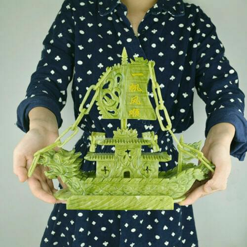 11" China Natural Green Jade Zodiac Dragon Sailing Boat Phoenix Incense Ship