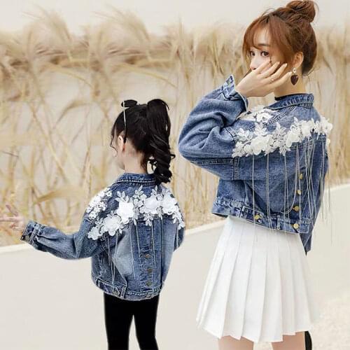 2021 Spring Autumn Girls Denim Jacket Flower Embroidery Top Single Breasted Outwear Children Clothing 4-16 Years Old