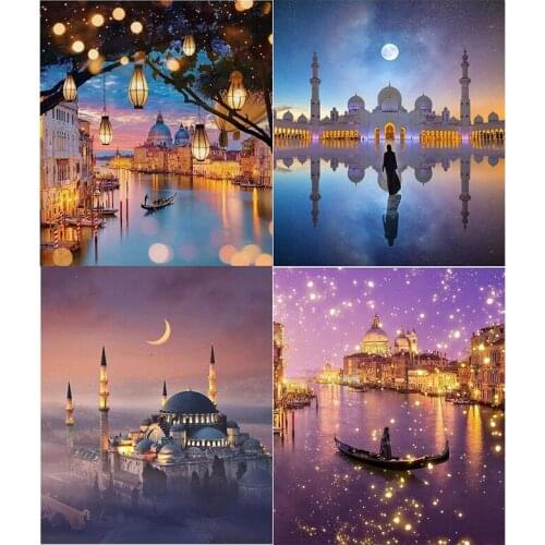 City Night View 5D DIY Full Round Diamond Painting Religious Mosque Cross Stitch 3D Embroidery Rhinestone Mosaic Home Decor Y711