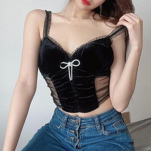 70% Dropshipping!!Tank Top Sling Rhinestone Creased Design Net Yarn Perspective Vest for Party