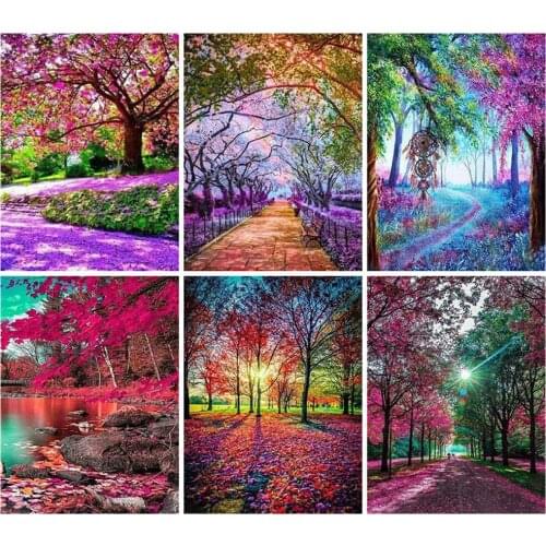 Huacan Diy Diamond Painting Mosaic Color Tree Road Full Square/round Diamond Embroidery Forest Wall Decor Crystal Hobby