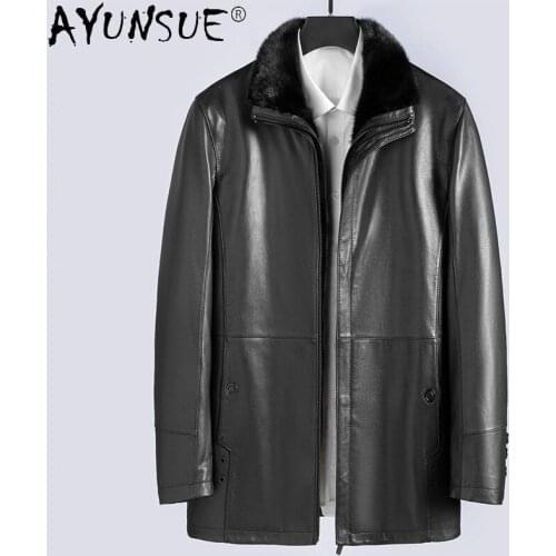 AYUNSUE 2021 100% Genuine Sheepskin Leather Jacket Male Winter Real Mink Fur Collar Coat Warm Black Parkas Chaquetas Hombre Gmm5