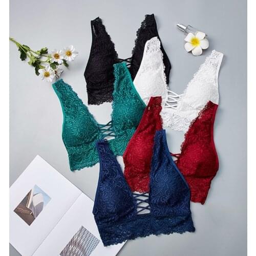 Sexy Lace Bralette Camisoles Tank Top Women Deep V Back Cross Wirefree Underwear Lingerie Brassiere