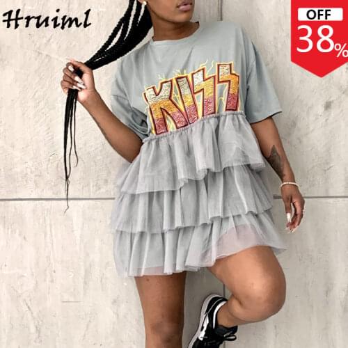 Womens Printed Cake Dress O-Neck Fashion Personalized Casual Mesh Dress Short Sleeve Loose Simple Style T-Shirt Dress Summer