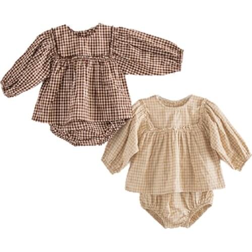 Vintage Grid Ruffle Girls Clothing Set Spring Fall Long Sleeve Infant Baby Jumpsuit for Toddler Girls Clothing Children Suit