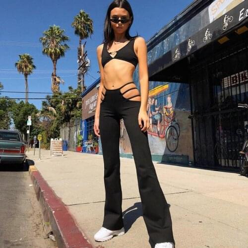 2021Two Piece Set Women Solid Skinny Stretchy Crop Top+Slit Hollow High Waist Pants Matching Chic Streetwear Slim Outfits