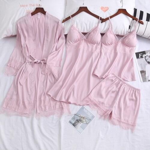 Pink 4PCS Satin Sleep Suit Womens Spring Summer New Pajamas Set Lace Trim Nightwear Sexy V-Neck Strap Top&Shorts Sleepwear