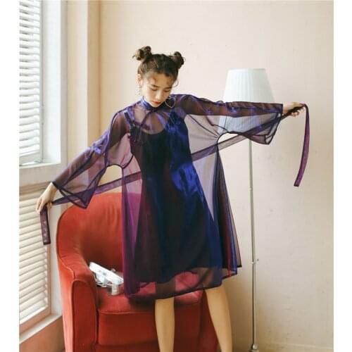 2019Summer Long Sleeve Vintage See Through Bling Bling Clear Laser Hologram Dress Sunscreen Sunproof Lolita Cute Kawayi