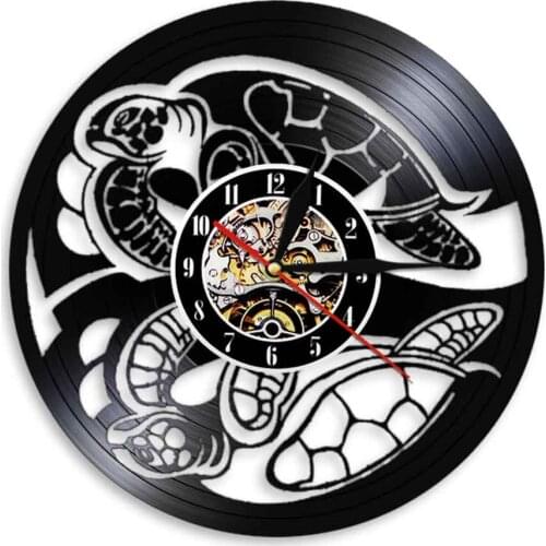 Turtle Silhouette Art Wall Clock Modern Design Sea Animal Wall Art Vinyl Record Time Clock Unique Gift Idea For Her Him