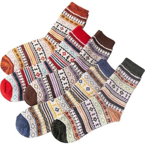 Winter Womens Harajuku Retro Wool Socks Warm Striped Plaid Cotton Blended Casual Fashion Socks 5 Pair