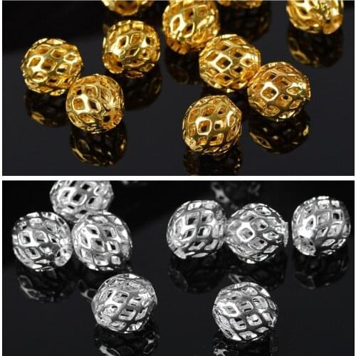 Gold Plated Color Round Hollow Gauze Metal Brass 8mm 10mm Loose Spacer Beads Lot For Jewelry Making DIY Crafts