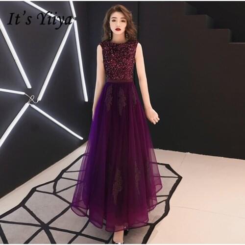 Its YiiYa Prom Dress Purple Sequin Sleeveless Long Dresse Women Party Night embroid Tulle Vestidos de Gala Plus Size 2019 E462