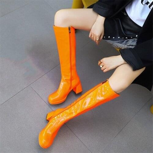 PXELENA 5 Candy Color Patent Leather Knee High Boots Women Zip 2020 Winter Chunky Block Heels Platform Cosplay Long Boots Shoes
