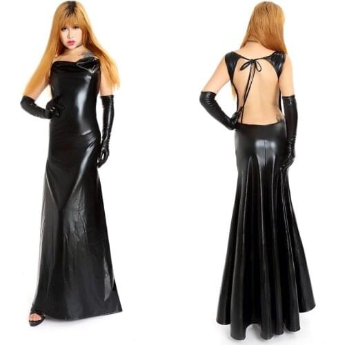 Sex Costume Set Black Fetish Shiny Wet Look Thigh Split Cheongsam Style Long Dress with Gloves Mistress Night Club Fetish Wear