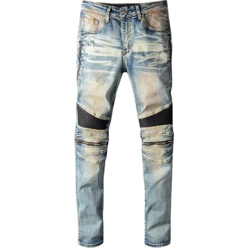 SEVEYFAN 2021 Mens Skinny Ripped Biker Jeans Vintage PU Leather Patchwork Zippers Denim Pants for Male