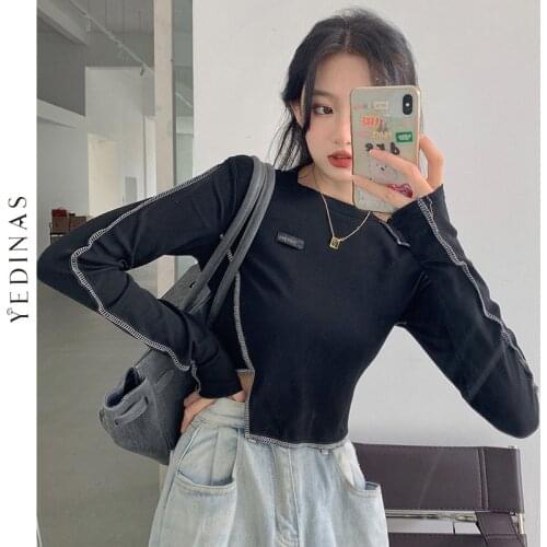 Yedinas Patchwork Irregular Crop Top Women Bright Lines Asymmetric T-shirts Sexy Slim Fit Ladies All-match Tshirts Streetwear