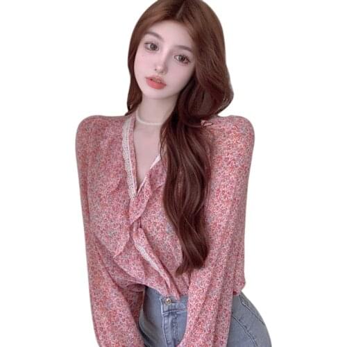 Floral Lace Chiffon Shirt Womens Summer Thin Sunscreen Ruffle Sweet Long Sleeve Blouses Top 2021