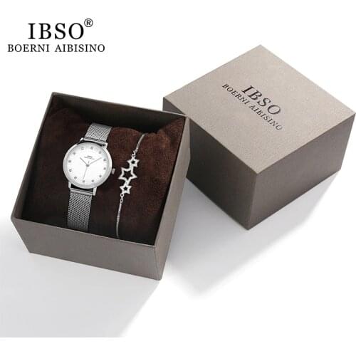 IBSO Women Watch Bracelet Set 8mm Ultra thin Silver Mesh Stainless Steel Strap Quartz Clock Hours Sets To Ladies Gift