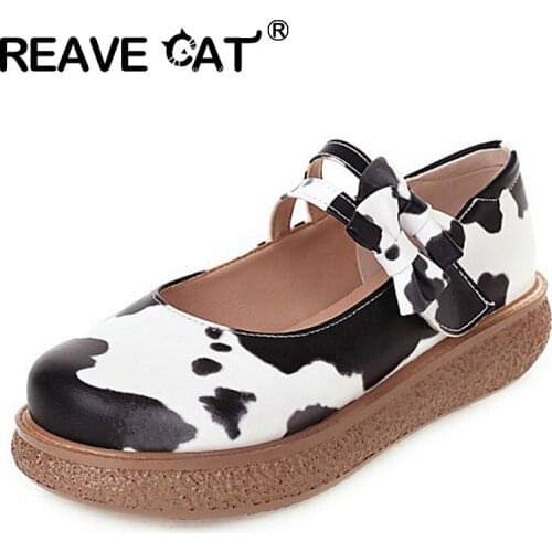 REAVE CAT New 2021 Women Flat Shoes Round Toe Buckle Bowtie Sweet Cute Cow Stylish Big Size 43 Casual Date Summer Beige A3789