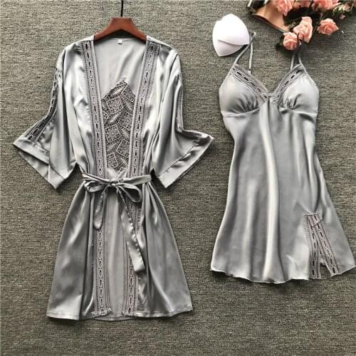 JULYS SONG Women Sexy Lace Robe & Gown Set Pajamas Set Sleep Dress Bathrobe 2 Pieces Robe Sling Bridesmaid Wedding Sleepwear