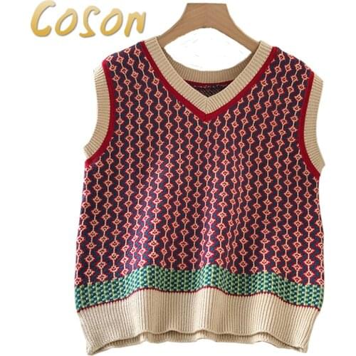 Coson V Neck Loose Knit Womens Sweater Vest 2020 Autumn Stripe Panelled Women Sleeveless Tops Casual Knit Tank Tops Female
