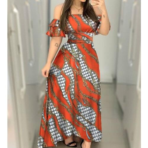 Women Print Strapless Dress Off Shoulder Floral High Waist Midi Dresses Fit And Flare Evening Party Vintage Style New Long Robes