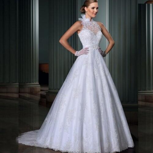 A line High Neck Sleeveless vestidos de novia 2015Bridal Dresses Appliques Cheap Lace Wedding Dresses With Covered Buttons