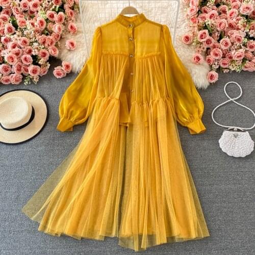Korean Sexy Perspective Sunscreen Shirt Dress 2021 Autumn Womens Vintage Long Sleeve Single-Breasted Patchwork Mesh Long Blouses
