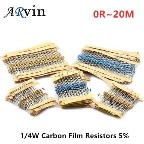 100pcs 1/4W Carbon Film Resistors 5% 0R~20M 1R 10M 10R 47R 100R 220R 1K 10K 4K7 100K 560K 1M 3M3 ohm Color Ring Resistance