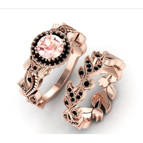 2pcs / Set Delicate Fashion Rose Gold Ring Black Gem Ring Womens Commitment Wedding Ring Jewelry Anniversary Gift Size: 5-11