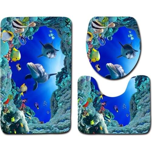 3Pcs/Set 3D colorful pattern Dolphin Print Bathroom Rug Set Anti-slip Absorbent Bathroom Rug + U-shaped Toilet Mat + Toilet Seat