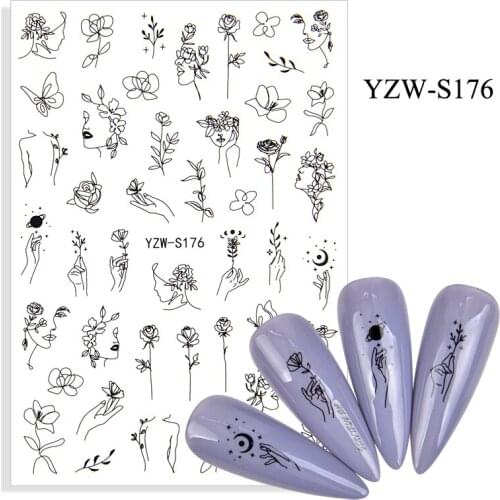 3D Stickers for Nails Woman Face Flowers Line Nail Foil Decal Sliders Stickers for Manicure Nail Art Decoration Accessories