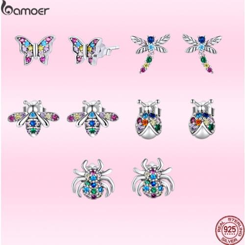 Bamoer New Exquisite Color Butterfly Ear Studs For Girl 925 Sterling Silver Insect Earrings Women Fashion Party Jewelry GAE514