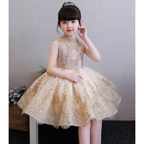 Glitter Embroidery Girls Dresses Gold Half Collar Sleeveless Dresses for Party Wedding Baby Clothes 1-10Y DJ001