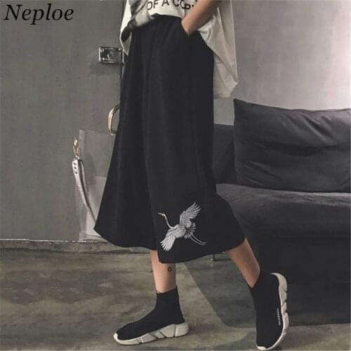 Neploe Harajuku Wide Leg Pants Woman Man Vintage Crane Embroidery Trousers Korean Causal High Elastics Waist Trousers 37504