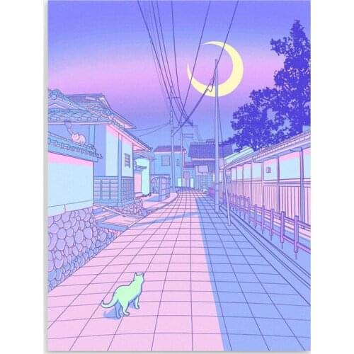 HD Printed Build Alley Cat Canvas Painting Wall Art Japan Build Moon Night Veiw Poster Home Decor Bedroom Modular Pictures Frame
