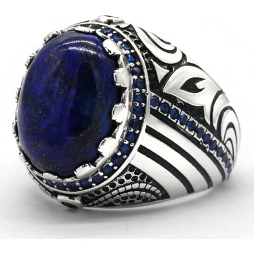 Natural Lapis Lazuli Stone Ring for Men 925 Sterling Silver Vintage Royal Blue Gemstone Male Ring Turkish Handmade Jewelry Gift